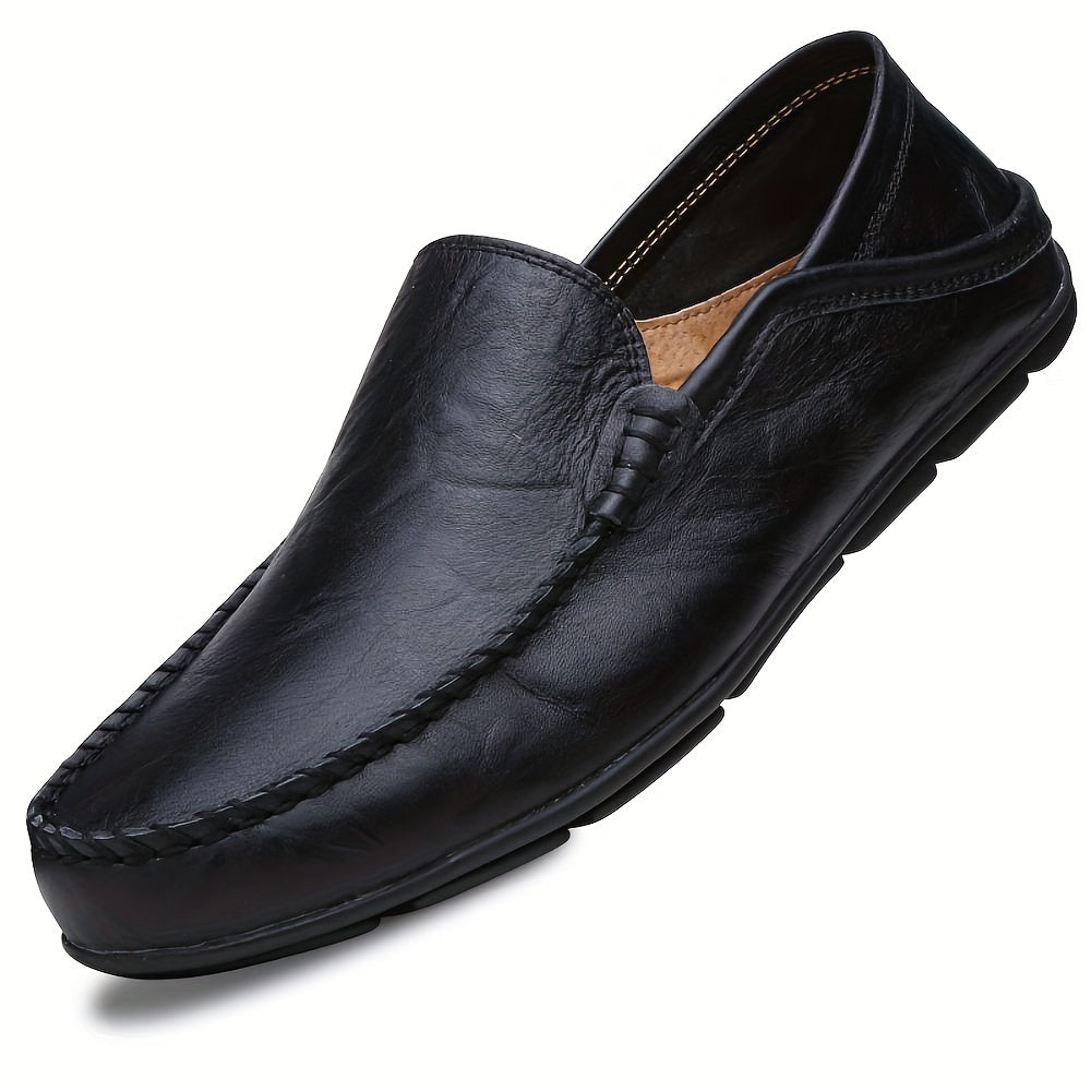 Men's plus size slip-on loafers with solid color faux leather, rubber sole, and round toe for year-round wear.