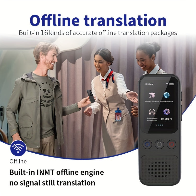 Two-way voice translator for 138 languages, with HD touch screen for travel, business, and study.