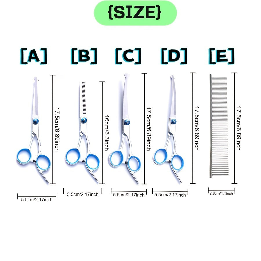 6-piece set of stainless steel pet grooming scissors for professional use at home on dogs and cats with universal hand orientation.