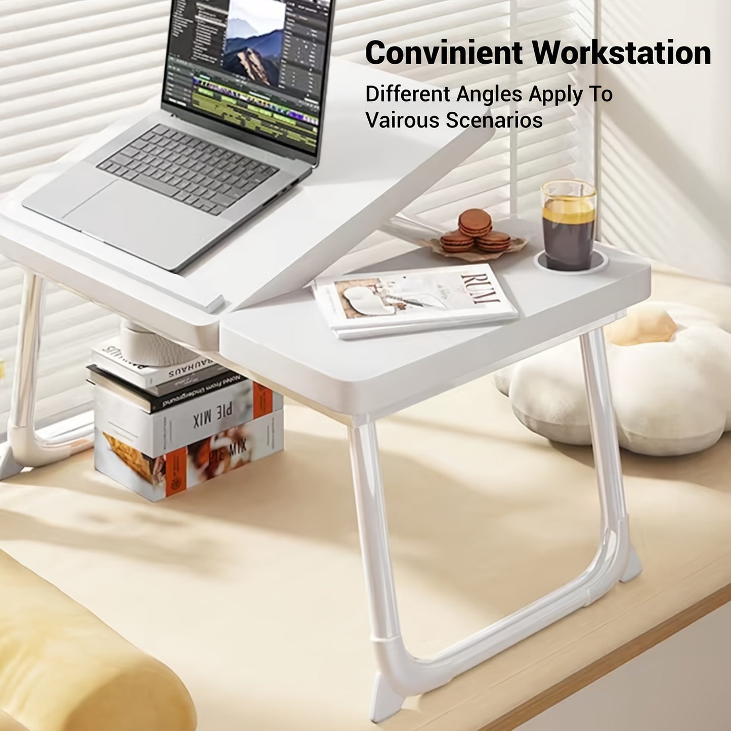 5-position lap desk with cup holder and anti-slip strip, multi-functional folding study desk, portable laptop table, bed workstation, home office desk.