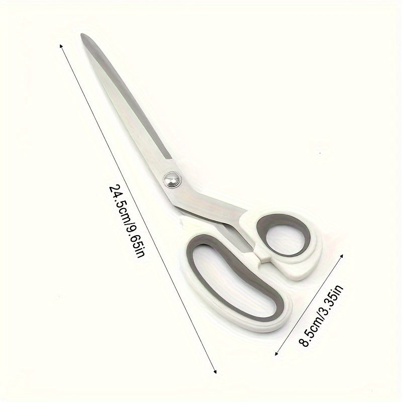 Stainless steel scissors with thick blades, non-slip grip, suitable for cutting paper, fabric, and leather in office or tailor settings.