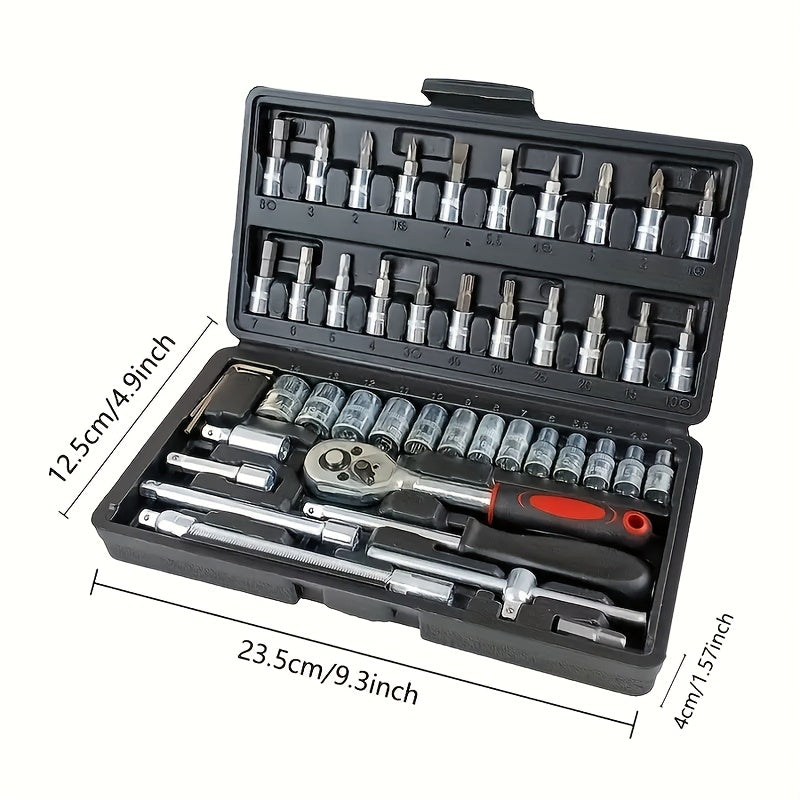 46 piece professional auto repair tool box with portable and durable ratchet wrench set for car, boat, motorcycle, and home industrial repair. Includes carrying case.