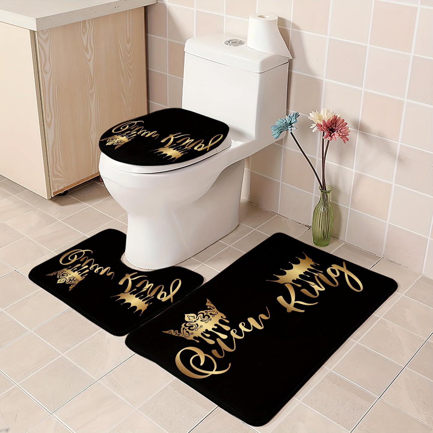 1pc/4pcs King and Queen Polyester Waterproof Insulation Bathroom Shower Curtain + 12 Hooks, Non-slip Mat, U-shaped Floor Mat, Round Toilet Seat Mat Set for All Scenes