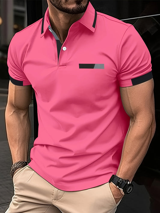 Men's short sleeve shirt with chest print, buttoned turnover collar, and thin summer style.