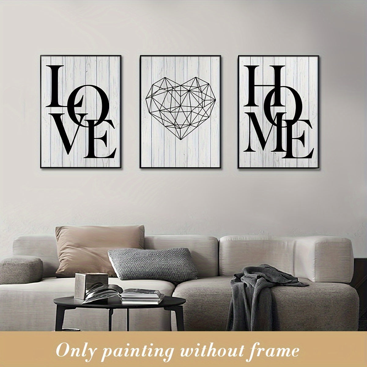 Scandinavian Love & Home Canvas Art Set: 3 Frameless Black and White Prints with Geometric Heart Design, Ideal for Modern Living Room Decor.