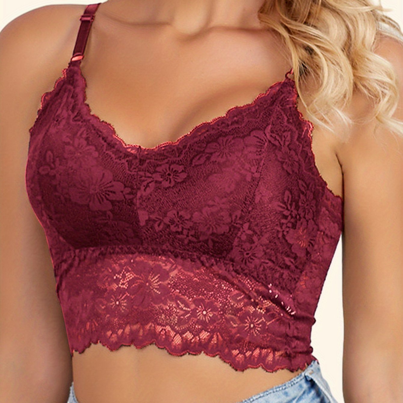 Women's wireless bra with removable pads and adjustable padding in a beige floral lace design. Features breathable and comfortable tank top style, made of seamless nylon lace fabric.