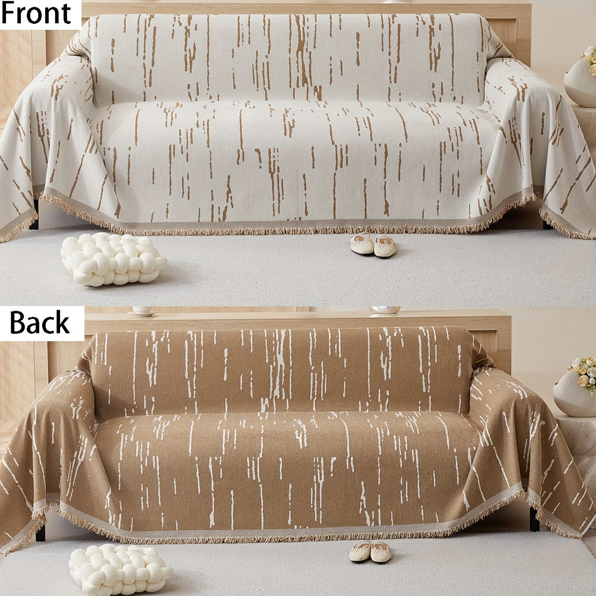 Chenille sofa cover with tassels – Reversible, pet-friendly, non-slip, thick fabric protector for all seasons. Ideal for living room, kitchen, and cafe decor.