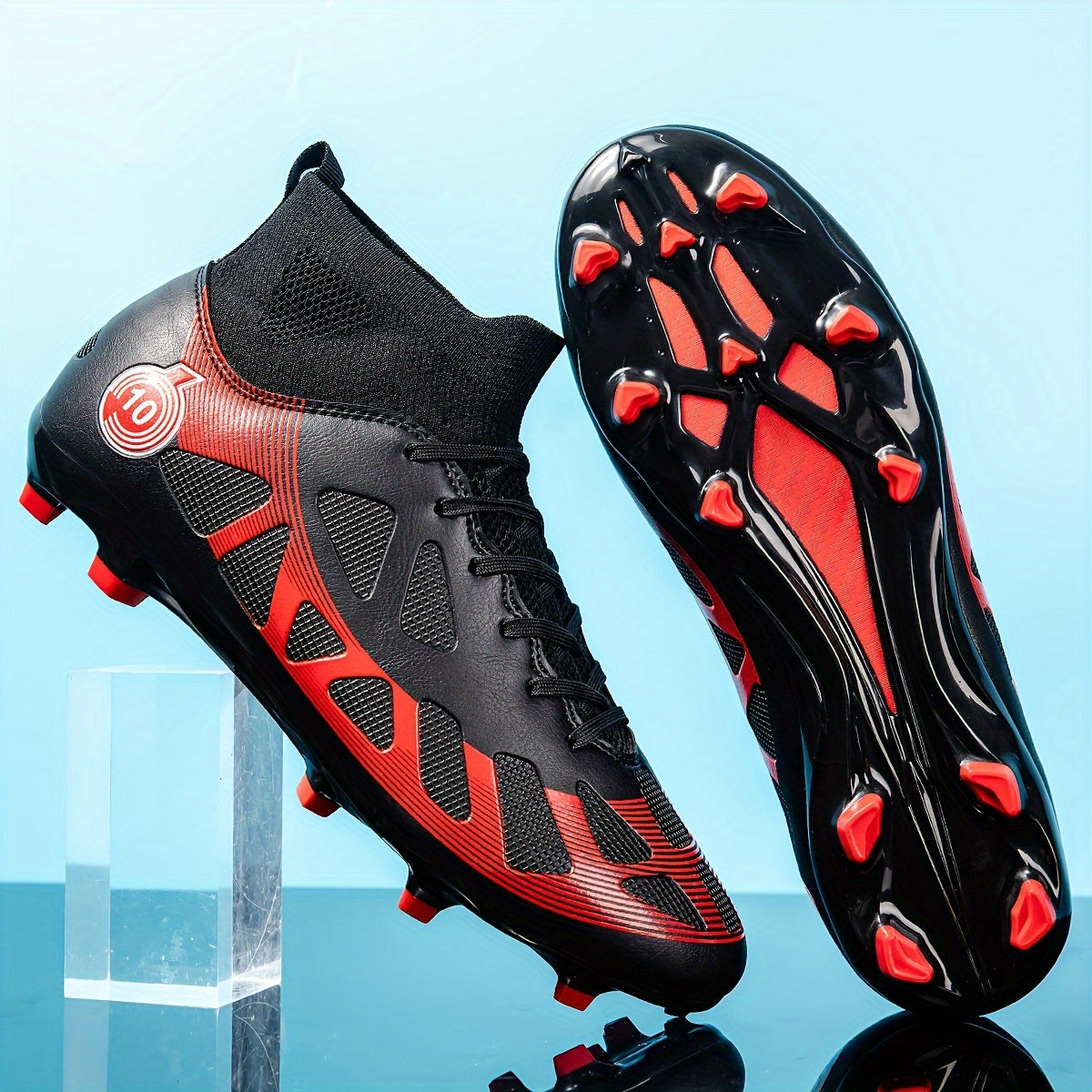 High-top men's soccer cleats with long studs, white & teal design for outdoor training and matches.