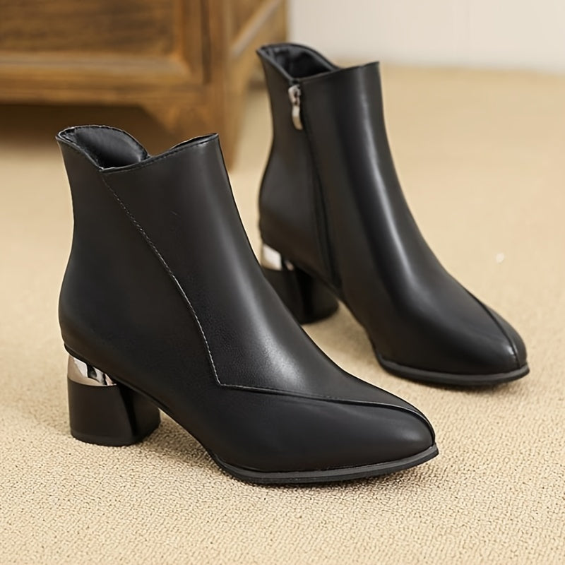 Stylish women's boots with pointed toe, thick heel, and warm lining for autumn and winter. Casual and fashionable ankle boots.