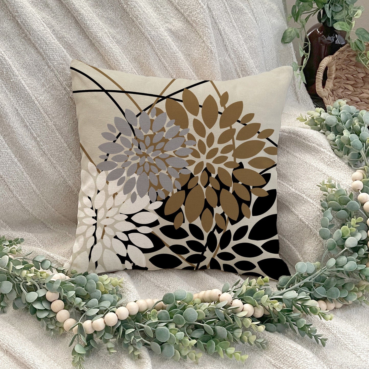 Stylish Dahlia Floral Pillow Cover in Black & Brown, Modern Farmhouse Decor for Living Room Sofa Bed, Zip Closure, Polyester, Hand Wash Only.