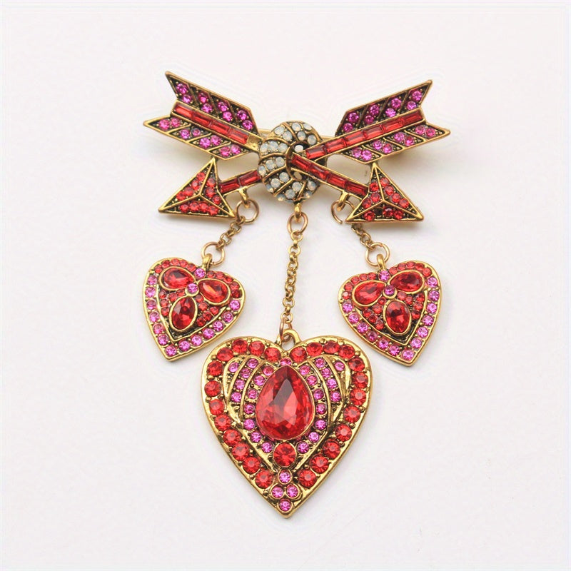 Chic and Opulent Rhinestone Enamel Heart Brooch, Love Arrow Pin, Unique Simulation Modeling Accessory with Stylish Fringe Detail