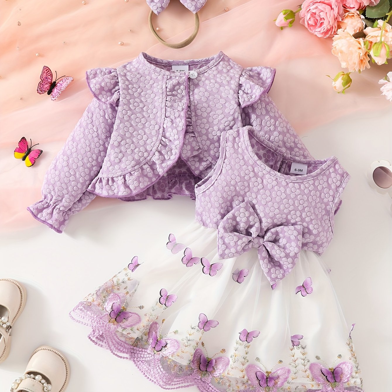 Girls' casual butterfly pattern long sleeve crop top with bow headband, tulle dress set, non-stretch fabric, regular fit, pullover style for fall/winter, ideal for outdoor wear.