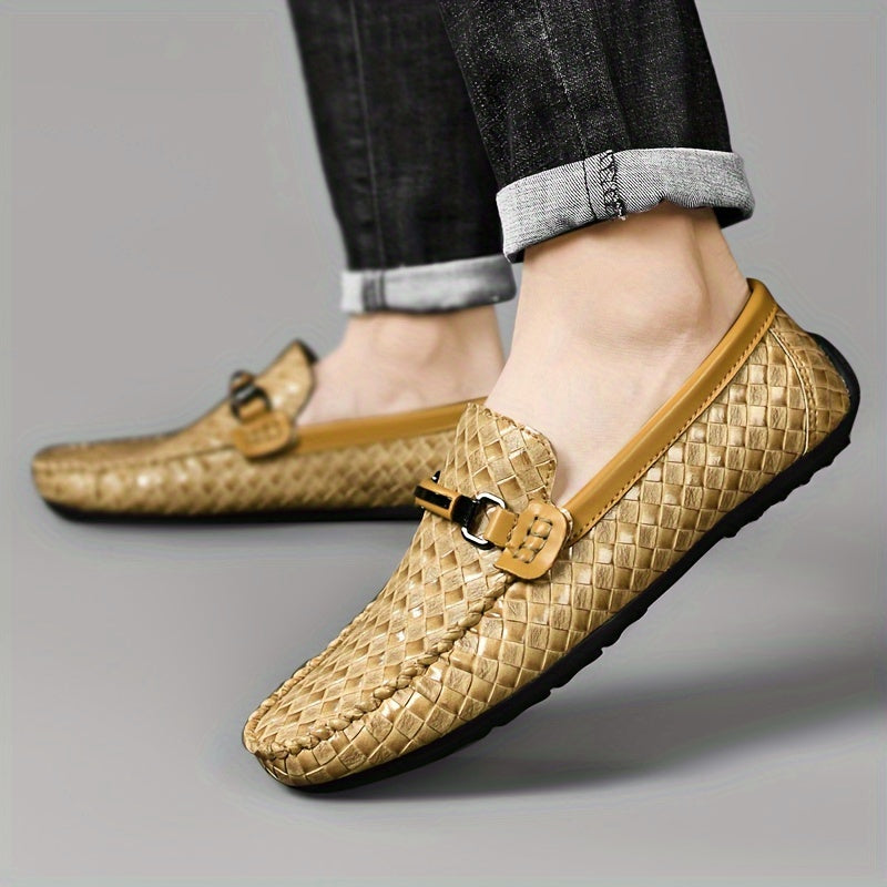 Breathable black slip-on loafers for men, featuring diamond pattern, bowknot design, and lightweight rubber sole for comfort in summer casual style.