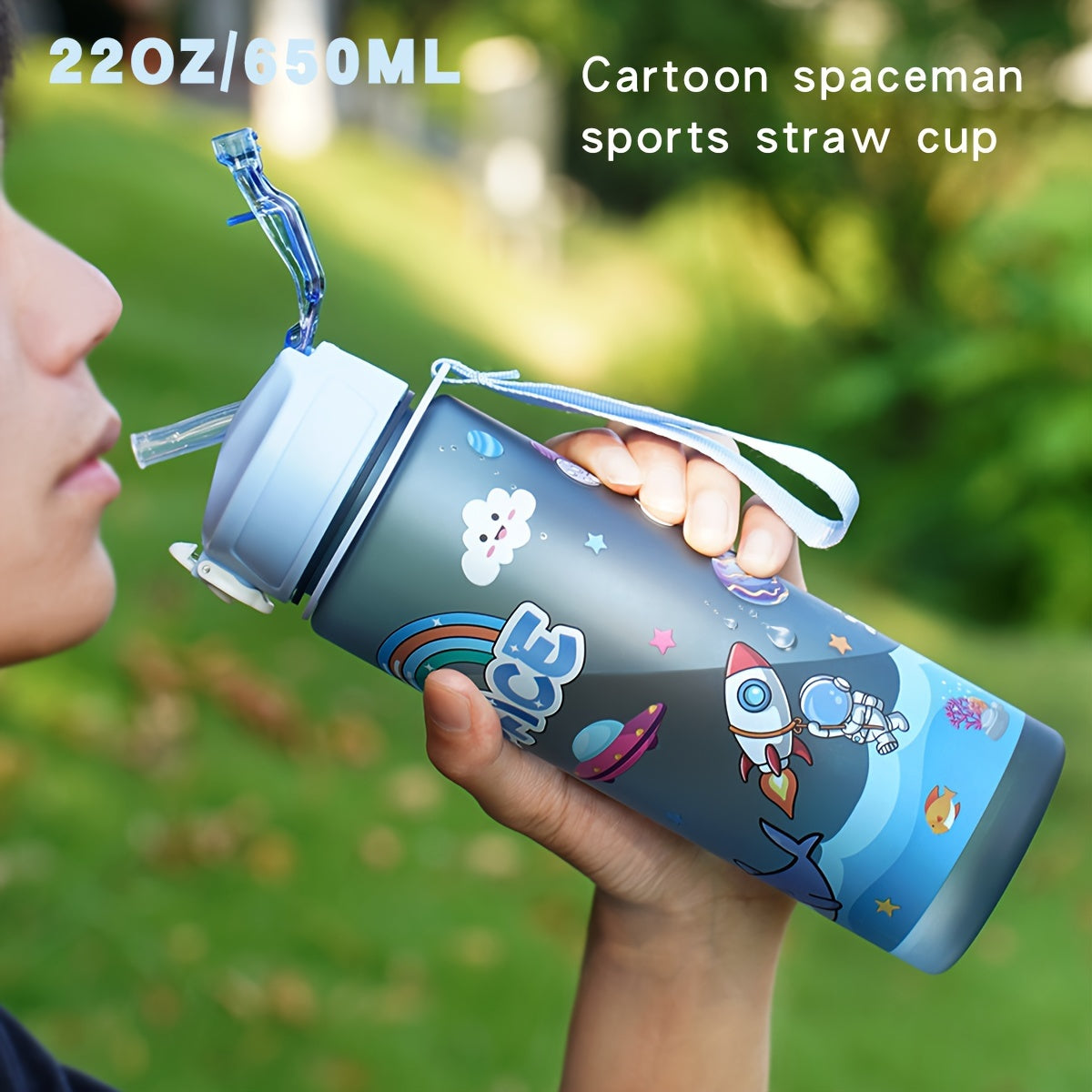 Durable 21oz astronaut water bottle with straw, BPA-free plastic. Ideal for outdoor activities and school with space-themed design.