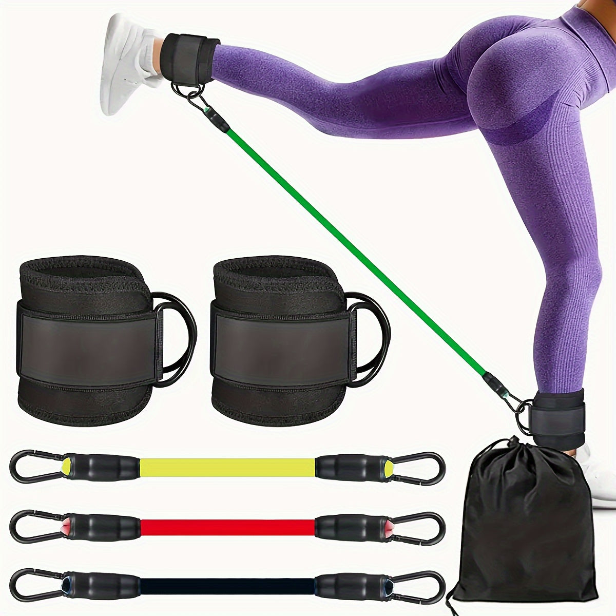 Versatile 5-piece ankle resistance band set for strength training, yoga, and fitness. Ideal for leg & butt workouts, hip training, and muscle toning. Adjustable straps and includes mesh