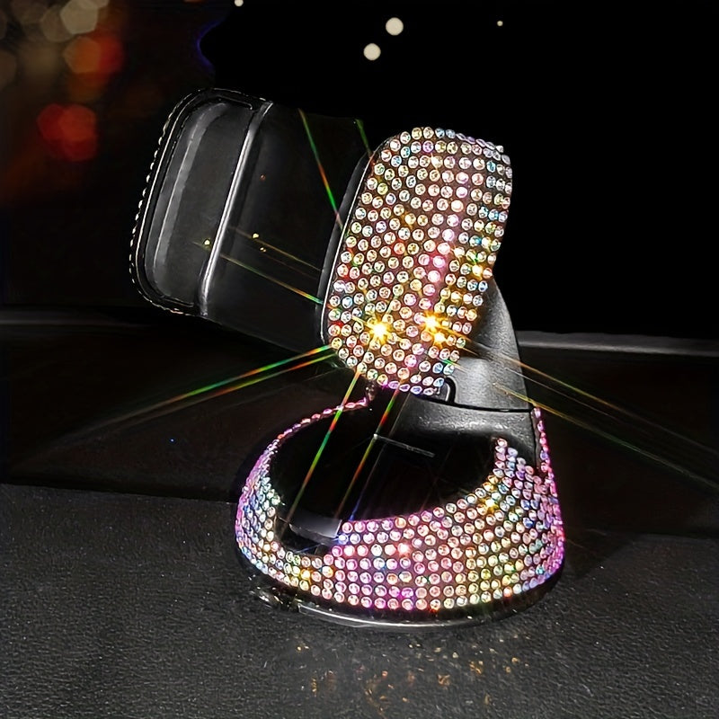 Luxury Rhinestone-Encrusted Car Phone Holder with Sparkling Crystals, Multi-Functional, Rotating Suction Cup Mount for Dashboard & Air Vent in Various Vehicles.