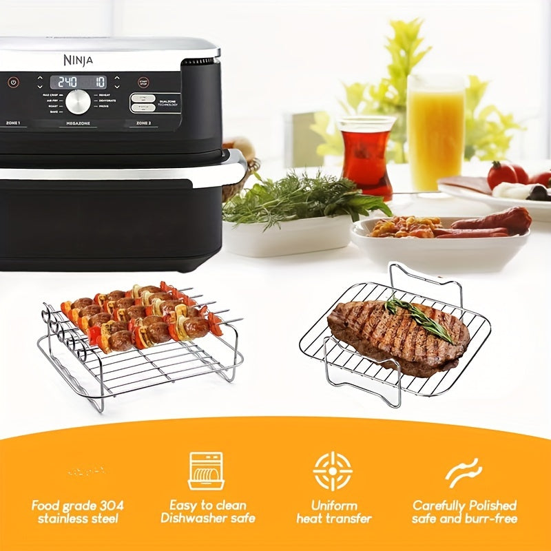 Accessory kit for the Ninja Foodi AF500UK includes a 304 stainless steel grill and steamer rack, an oven skewer stand, and an extra-large air fryer holder with 5 skewers.