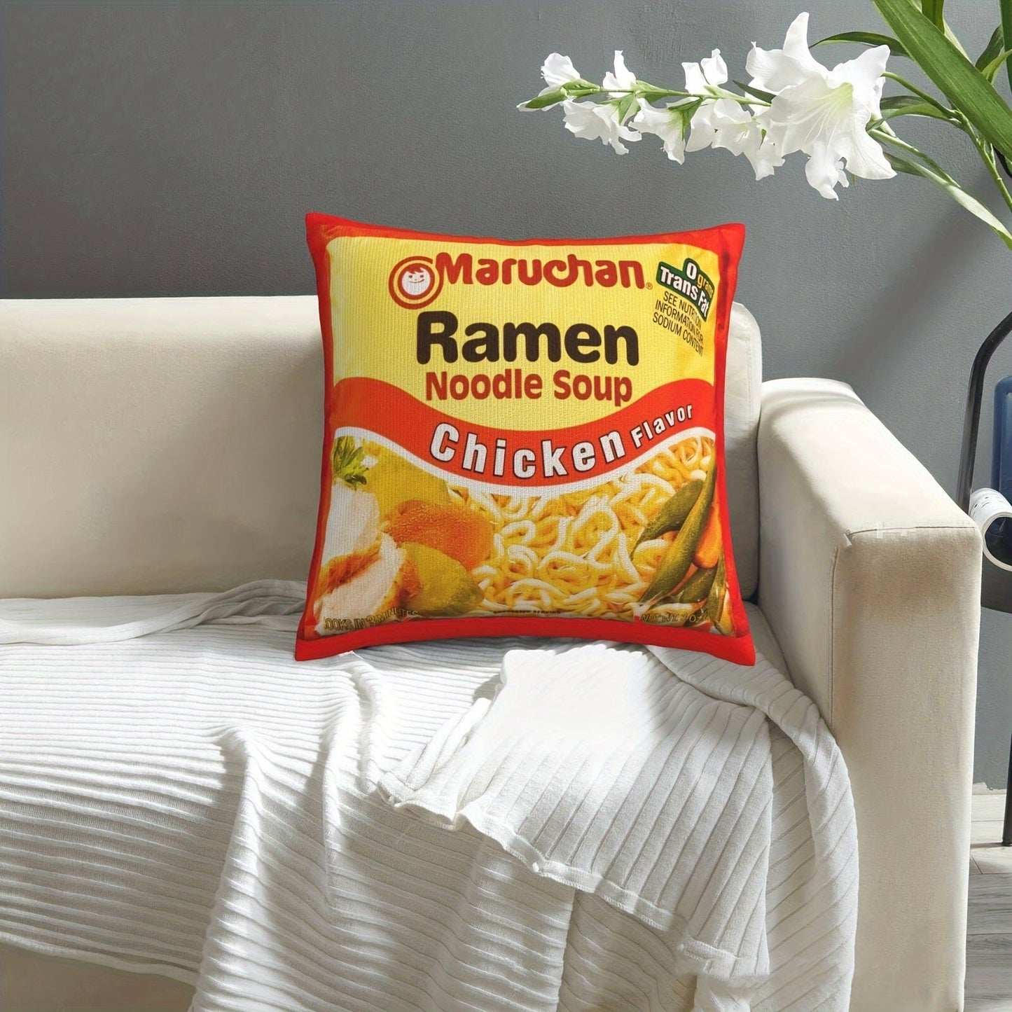 Get the perfect addition to your home decor with this hilarious Instant Ramen Noodle Soup Chicken Throw Pillow Cover. This novelty cushion case is made of cozy and soft material, perfect for adding some fun to your bedroom, couch, or sofa. Measuring