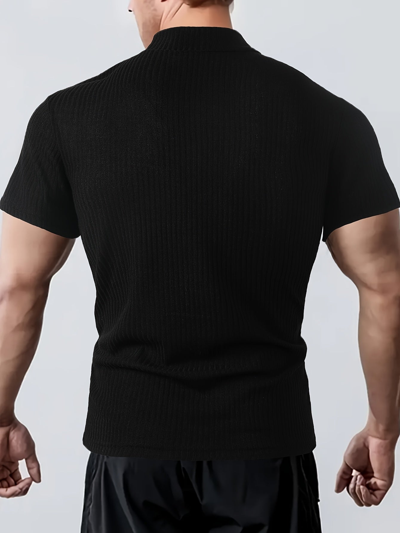 Men's Slim Fit Black Striped Mock Neck T-Shirt - Stretchy Polyester Blend, Ribbed Texture, Short Sleeve, Modern Style for Casual or Business Wear.