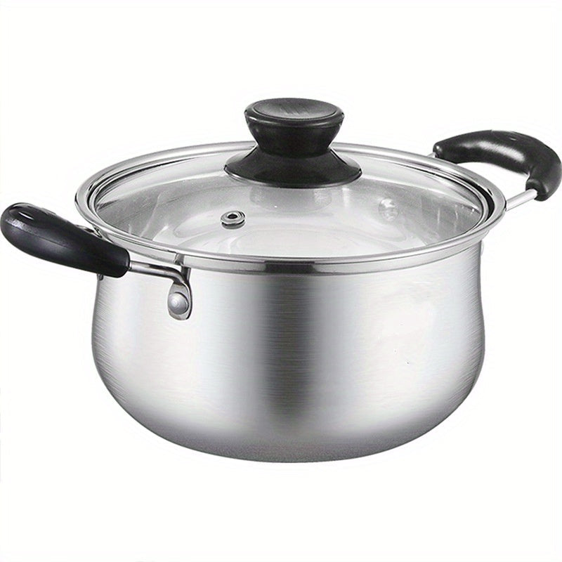 304 Stainless Steel Food Grade Soup Pot with Thickened Bottom for use on Induction Cooker. Can be used as a General Soup Pot, Small Milk Pot, or Complementary Food Glass Cover. Features a Single Handle Milk Pot and a Double Ear Soup Steaming Pot. Perfect