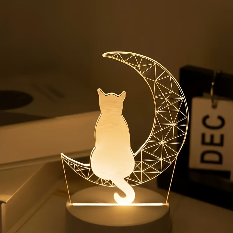 3D Cat on Moon Night Light: USB-Powered Table Lamp, Switch-Controlled Uplight for Home Decor, No Batteries Required.