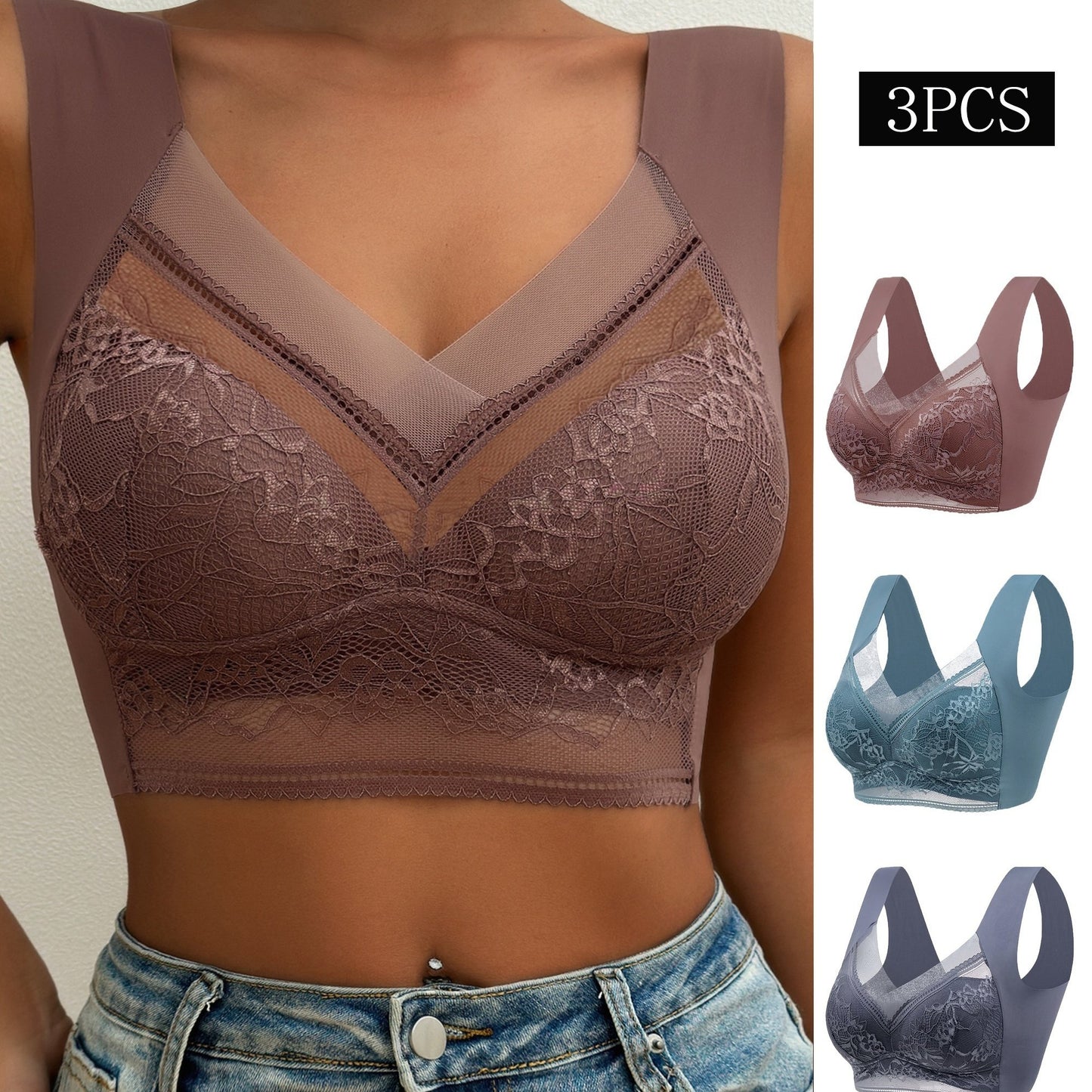 3 wireless push-up bras with contrast lace, comfortable and breathable, perfect for women's lingerie and underwear.