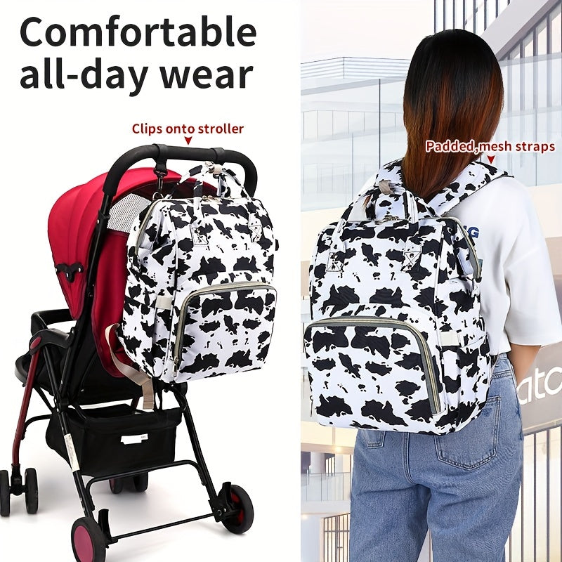 Versatile Diaper Bag Backpack with Stroller Hook, Perfect for Both Parents, Spacious and Stylish with Cow Print and Leopard Print Design - A Must-Have Travel Essential.