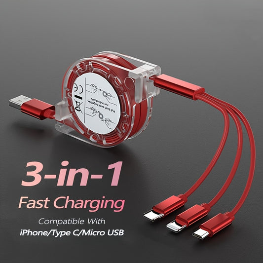 Retractable 3-in-1 charging cable for various devices, with lightning, micro, and Type C connectors. Can charge iPhone, iPad, Samsung, PS, and tablets. USB powered with data sync