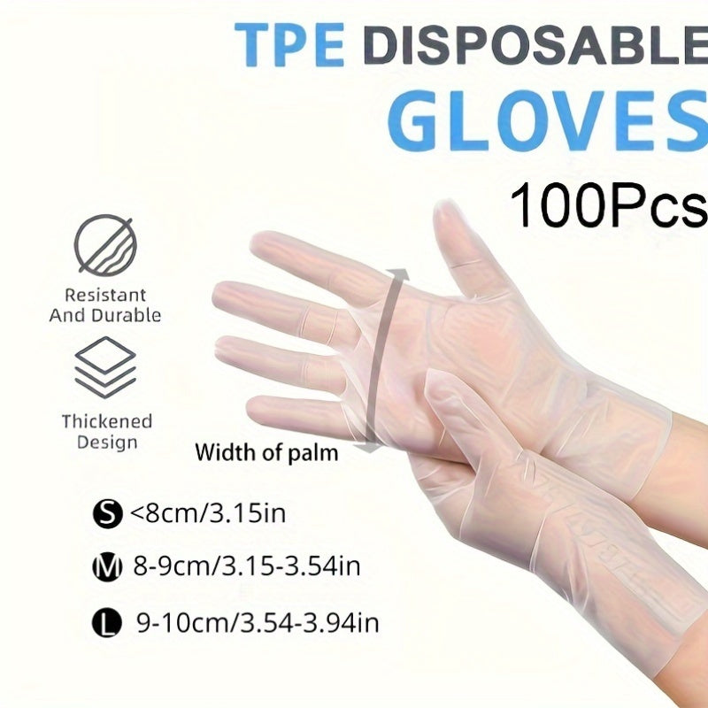 100 pieces of waterproof TPE disposable gloves that are food-safe and multipurpose. These clear gloves are powder and latex-free, making them ideal for cooking, cleaning, pet grooming, and painting. They are durable and lead-free, suitable for various