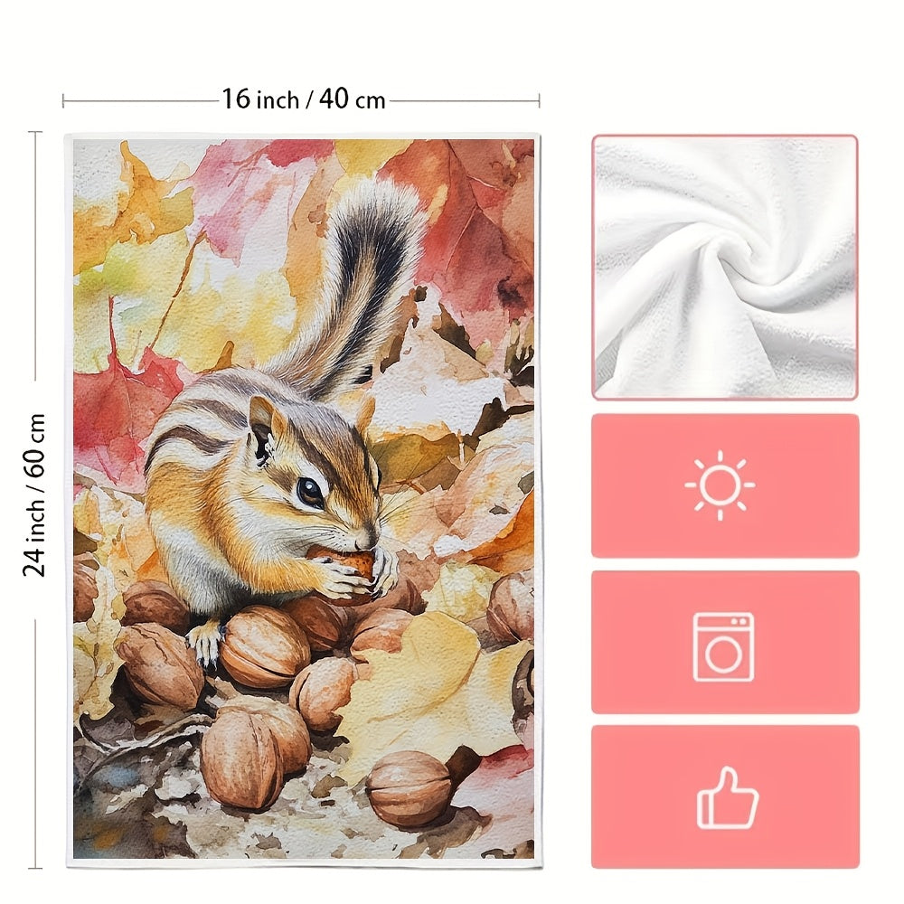 Set of 2 Ultra Soft Kitchen Towels featuring Chipmunk & Autumn Nuts Design. These Highly Absorbent & Quick-Dry Dish Hand Towels are Machine Washable and measure 40.64x60.96 cm. Ideal for Holiday Decor and as Dish Towels.