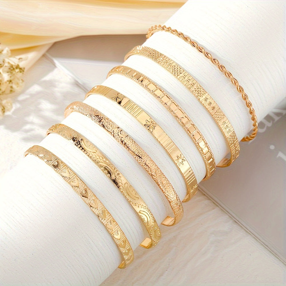 Set of 7 Stylish Lady Cuff Bracelets with Twisted & Star Patterns, Effortlessly Chic Design, Made without Mosaic or Plating, Perfect for Any Occasion and Every Season, Elevate Your Look with Elegant Vacation Style.