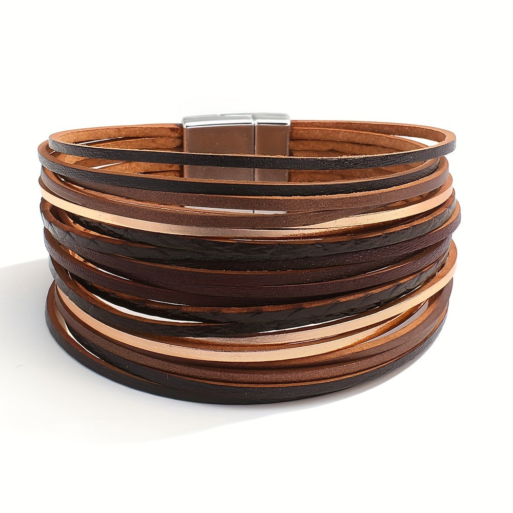 Vintage style Bohemian multi-layer PU leather wrap bracelet in brown and black strands, designed for friendship couples. Features an adjustable clasp for the perfect fit.