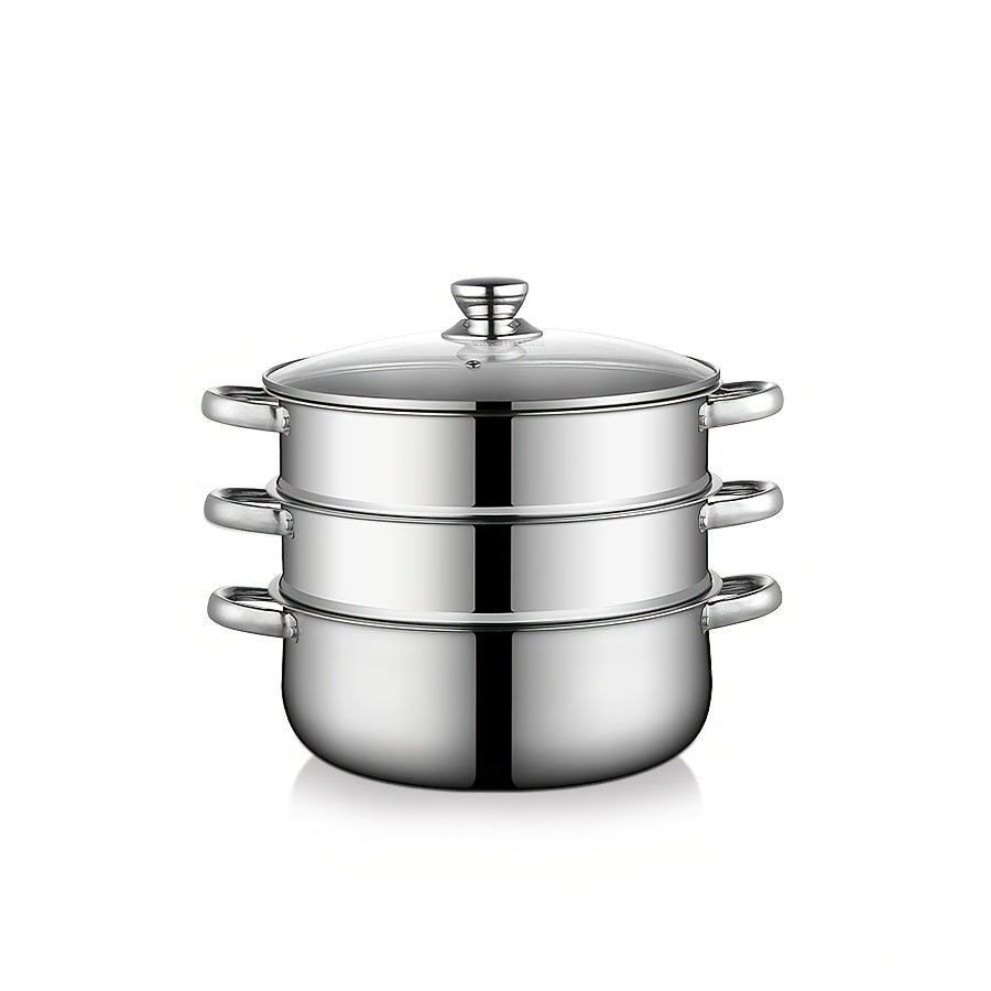 Stainless Steel Steamer Set with 4 Pieces: Quick Cooking Pot, Large Capacity Stackable Steamer with 1 Thick Soup Pot, 2 Tier Steaming Baskets, and 1 Lid. One Pot for Steaming and Cooking, Anti-Scald Handles, Easy to Clean, Suitable for All Stove Types.