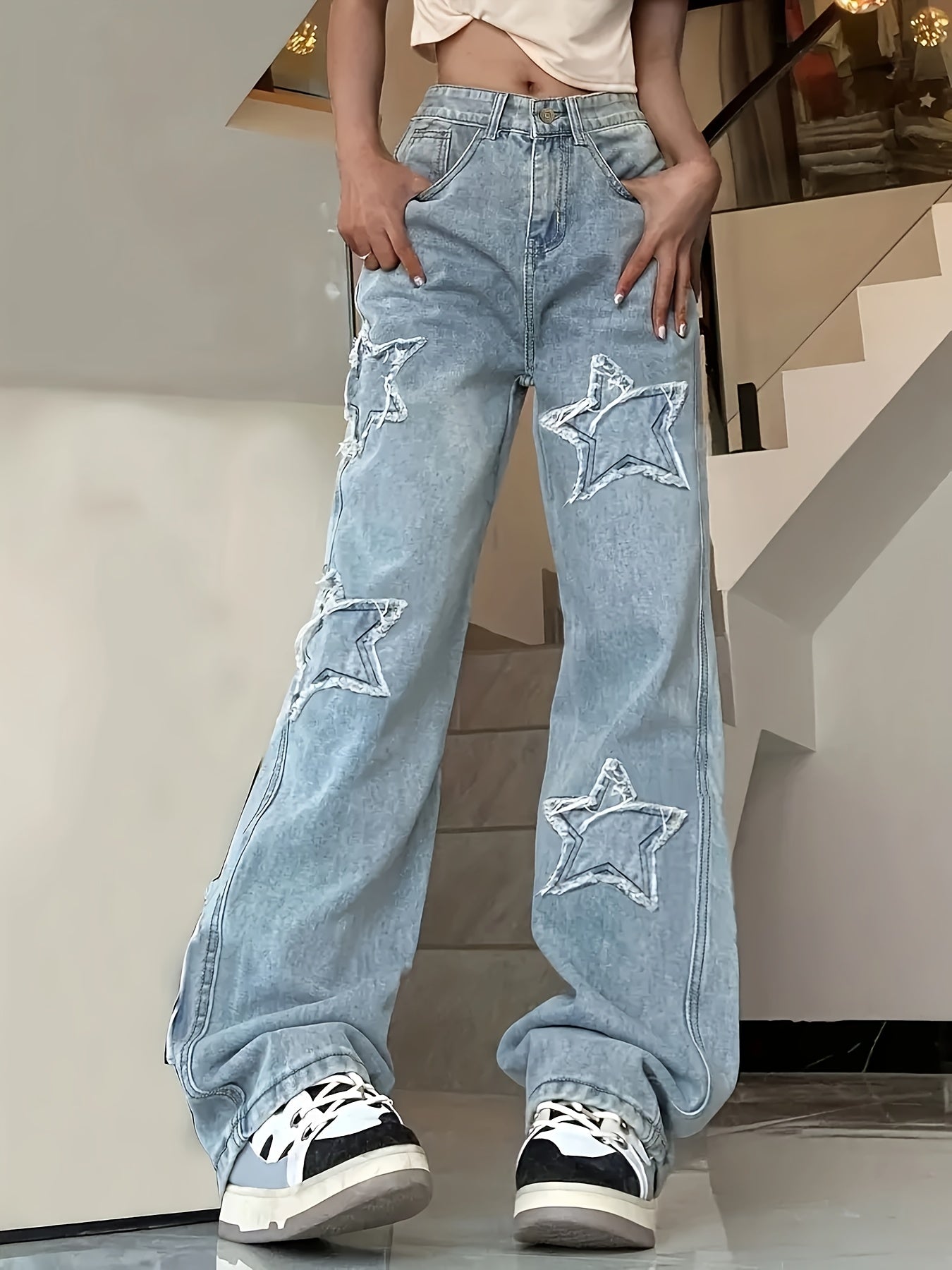 High waisted vintage distressed jeans with embroidered stars patchwork, non-stretch denim pants for fall and winter.