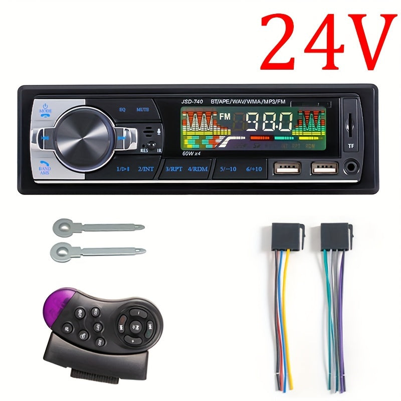 1 DIN car stereo with wireless remote, 60Wx4 FM receiver, AUX/USB/TF support, ISO interface, 12V/24V compatible.