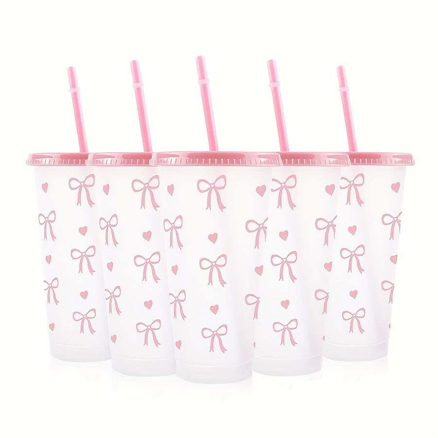 BPA-Free plastic water cups with lids and straws in heart and bow print. Leak-proof and reusable for outdoor events. Great for gifts on special occasions.