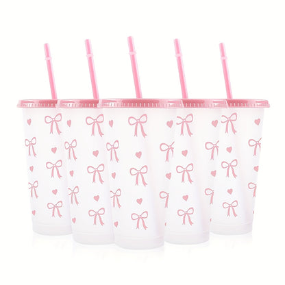 BPA-Free plastic water cups with lids and straws in heart and bow print. Leak-proof and reusable for outdoor events. Great for gifts on special occasions.