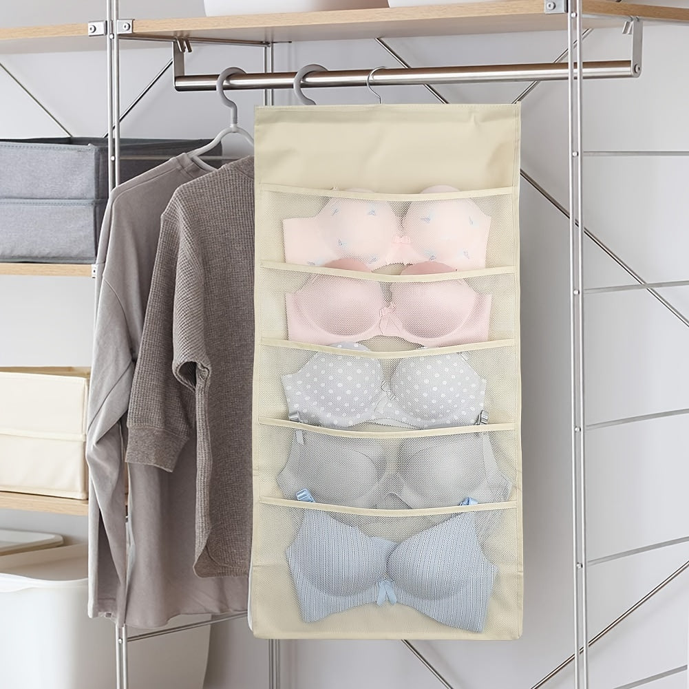 One-piece Closet Hanging Organizer featuring Mesh Pockets and Rotating Metal Hanger. This Dual-Sided Wall Shelf Wardrobe Storage Bag is made of Oxford Cloth, perfect for saving space for bras, underwear, underpants, and socks.