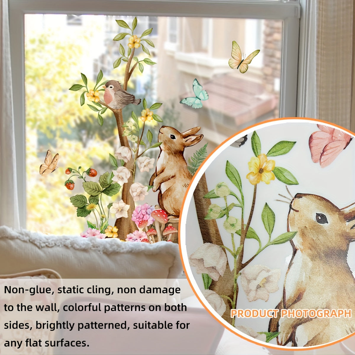 Decorate Your Home with Enchanting Forest Bunny & Bird Window Clings - Double-Sided, Reusable PVC Decals, 30.48cmx16