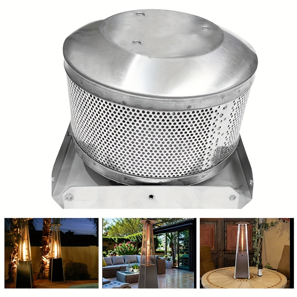 Outdoor Tower Gas Heater made of stainless steel with a combustion net that is resistant to high temperatures - ideal for use on patios, gardens, and backyards.