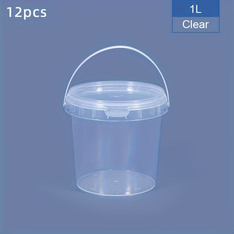 12-piece set of clear round PP Plastic Food Storage Containers with handles, ranging from 300ml to 1000ml in capacity. These containers are durable, resistant to high temperatures, odor-free, and safe for use in the microwave and freezer. They are also