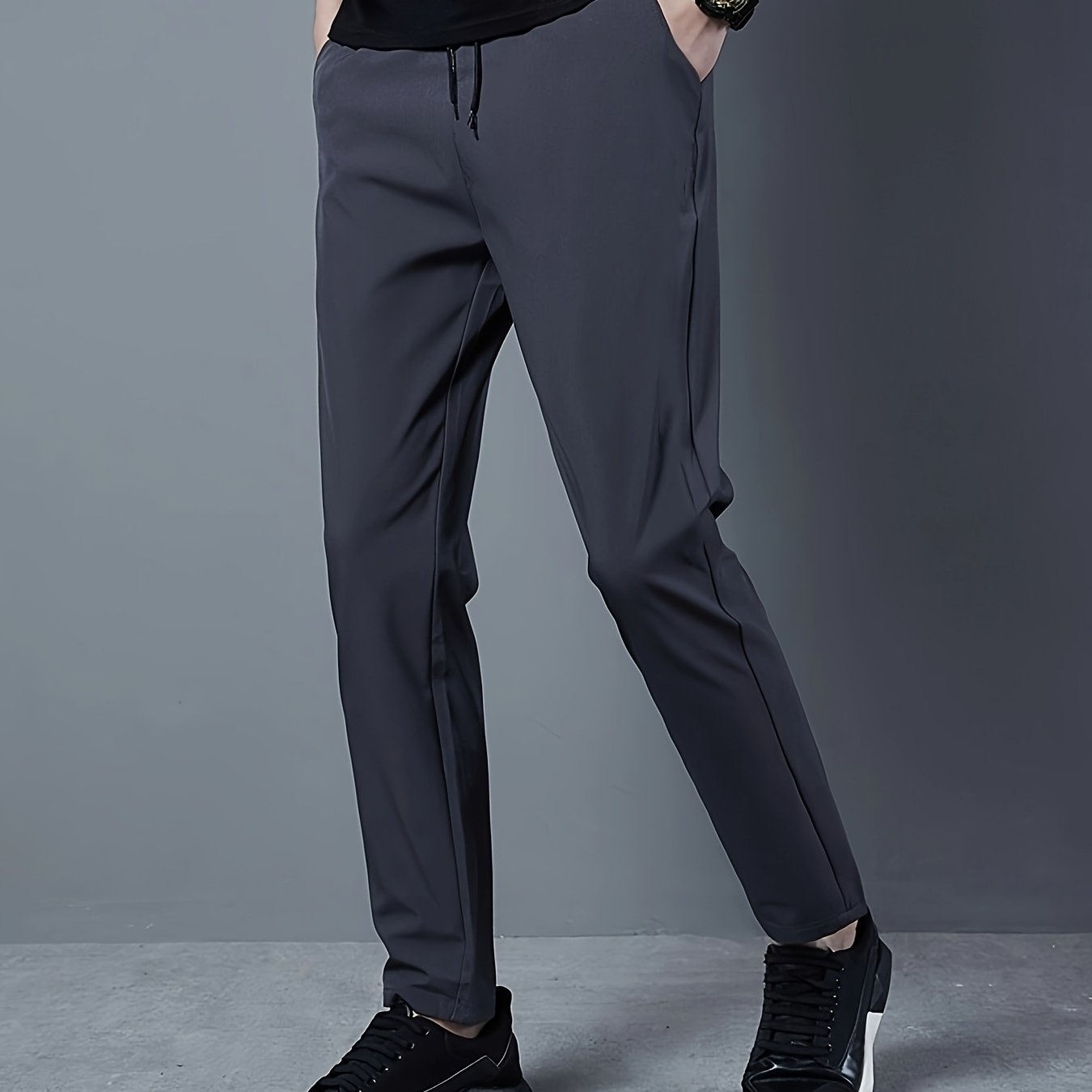 Men's Solid Golf Pants, Drawstring Slim-fit Dress Pants with Pockets for Summer.