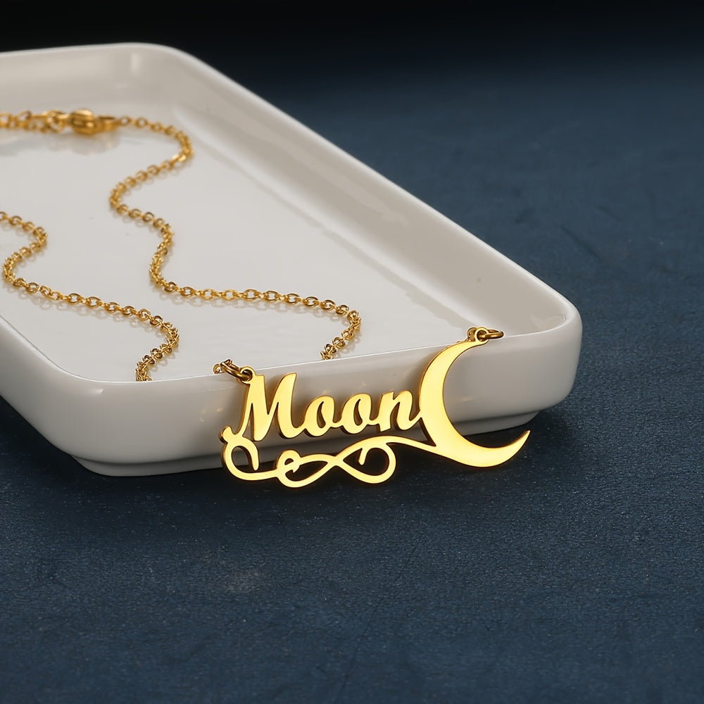 Stylish Personalized Moon & Leaf Name Pendant Necklace - Made of Stainless Steel, Vintage-Inspired Letter Jewelry for Women - Ideal for Everyday Wear, Customizable, Engraved Plaque