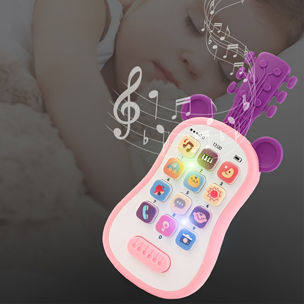 Early educational toy guitar-shaped phone for children with multiple functions - teething soothing music simulation phone featuring an encyclopedia and sound effects. Made of plastic, safe for children aged 0-3 years. Originating from Chinese mainland