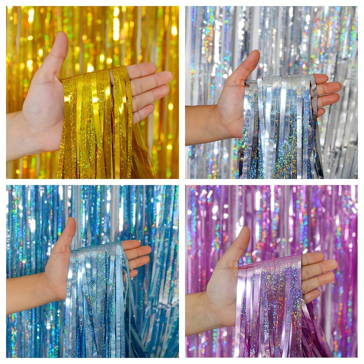 Purple foil fringe curtains, 8.2x3.25ft, ideal for parties and holidays.