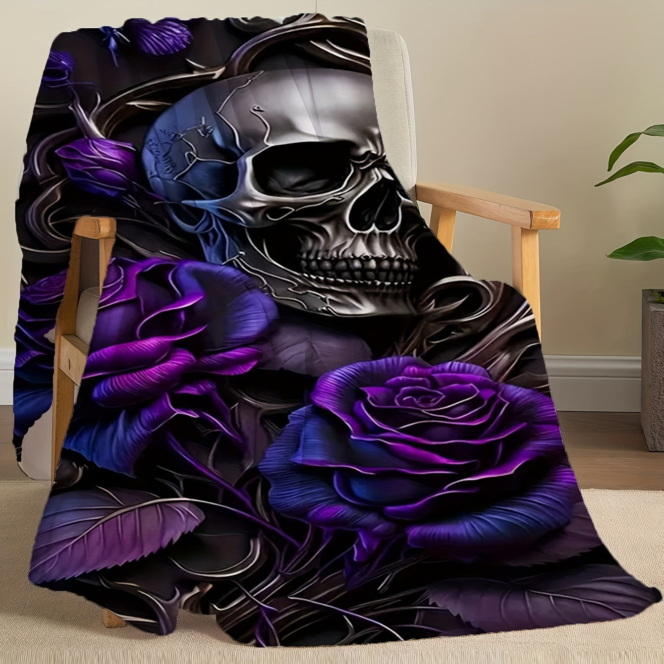 Soft, hypoallergenic flannel throw blanket featuring a traditional skull and roses print. This multipurpose blanket is perfect for all seasons and can be hand washed for easy maintenance. Made with soft polyester, it is ideal for boys, girls, and adults