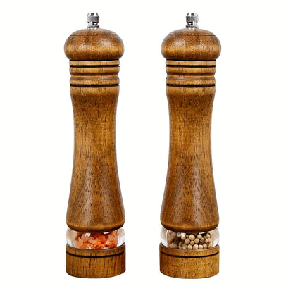 Classic Wooden Salt & Pepper Grinder Set - Manual with Adjustable Ceramic Rotor & Acrylic Window, 8-Inch - Ideal for Culinary Enthusiasts.