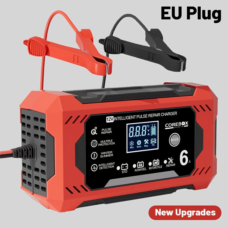 COREBOX 12V 6A Smart Battery Charger with LCD Display - Versatile lead-acid trickle charger for a variety of vehicles with overcharge, short circuit, and polarity protection. Portable and