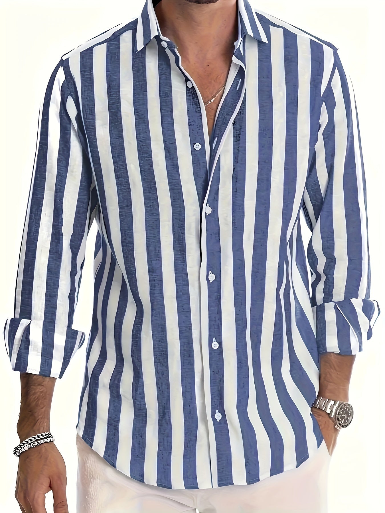 Men's casual striped long sleeve button-up shirt in white & brown vertical stripes. Made from a cotton linen blend, lightweight & breathable. Ideal for beach vacations, date nights, or as a