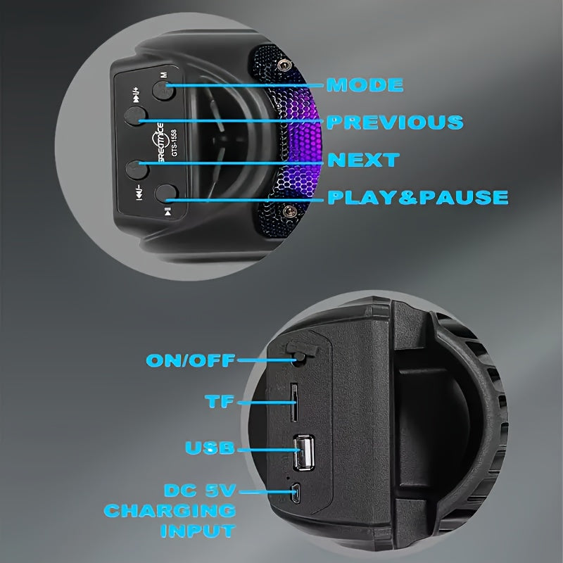 Loud, portable outdoor speakers with LED lights, large battery, and various connectivity options. Ideal for live music and home parties.